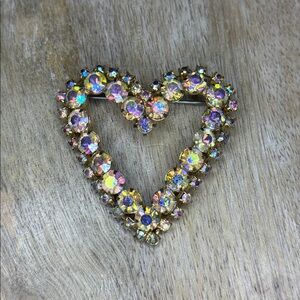 Vintage Aurora Borealis, Glass Stone Heart Shaped Brooch